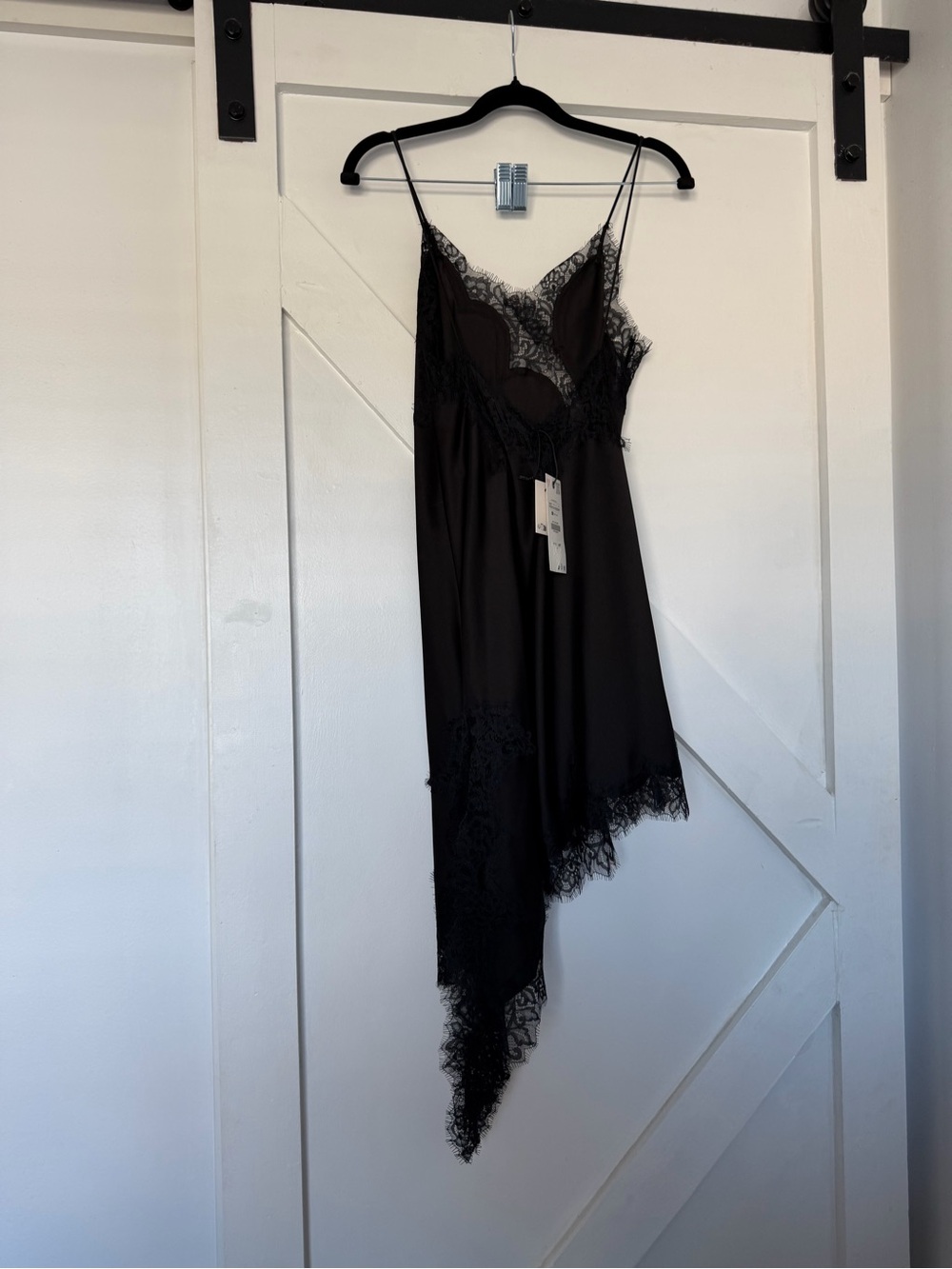 Zara Black Lace-Trim Asymmetric Slip Dress